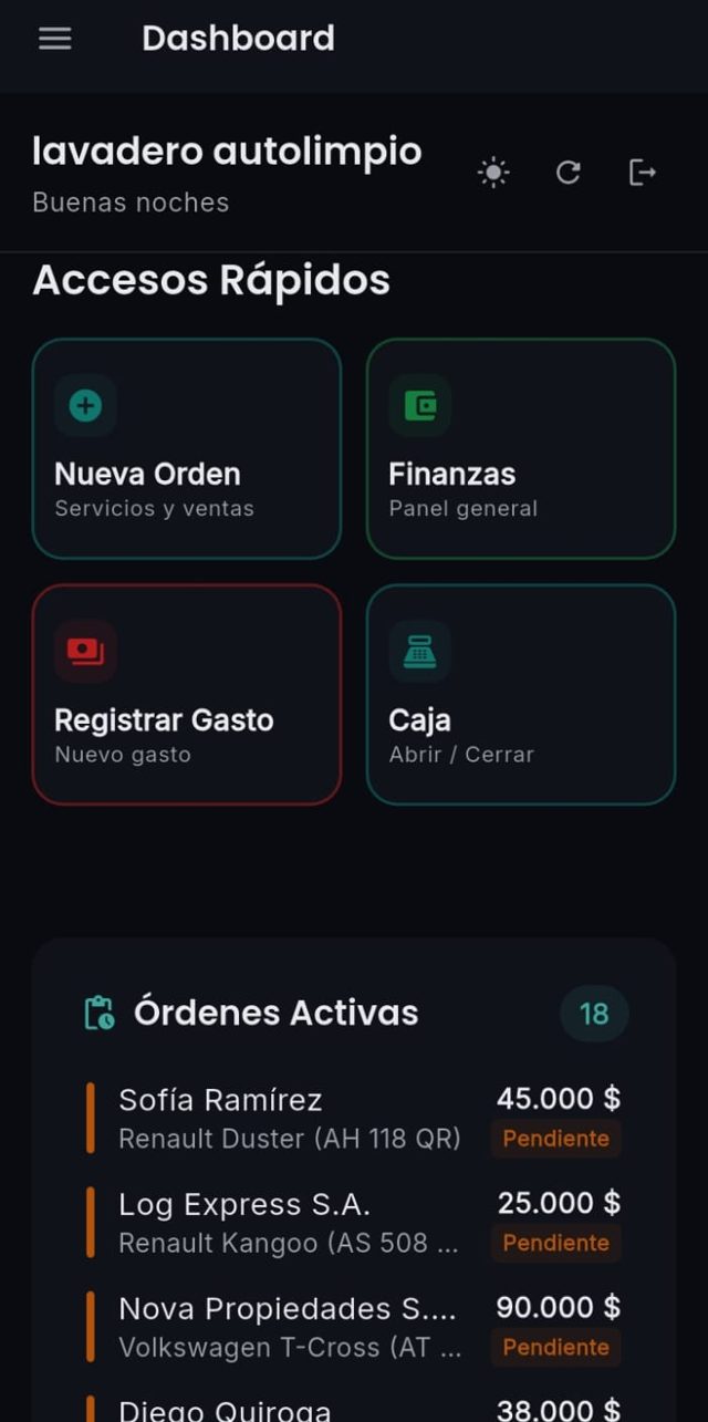 Laveapp en el celular: dashboard con accesos rápidos y órdenes activas